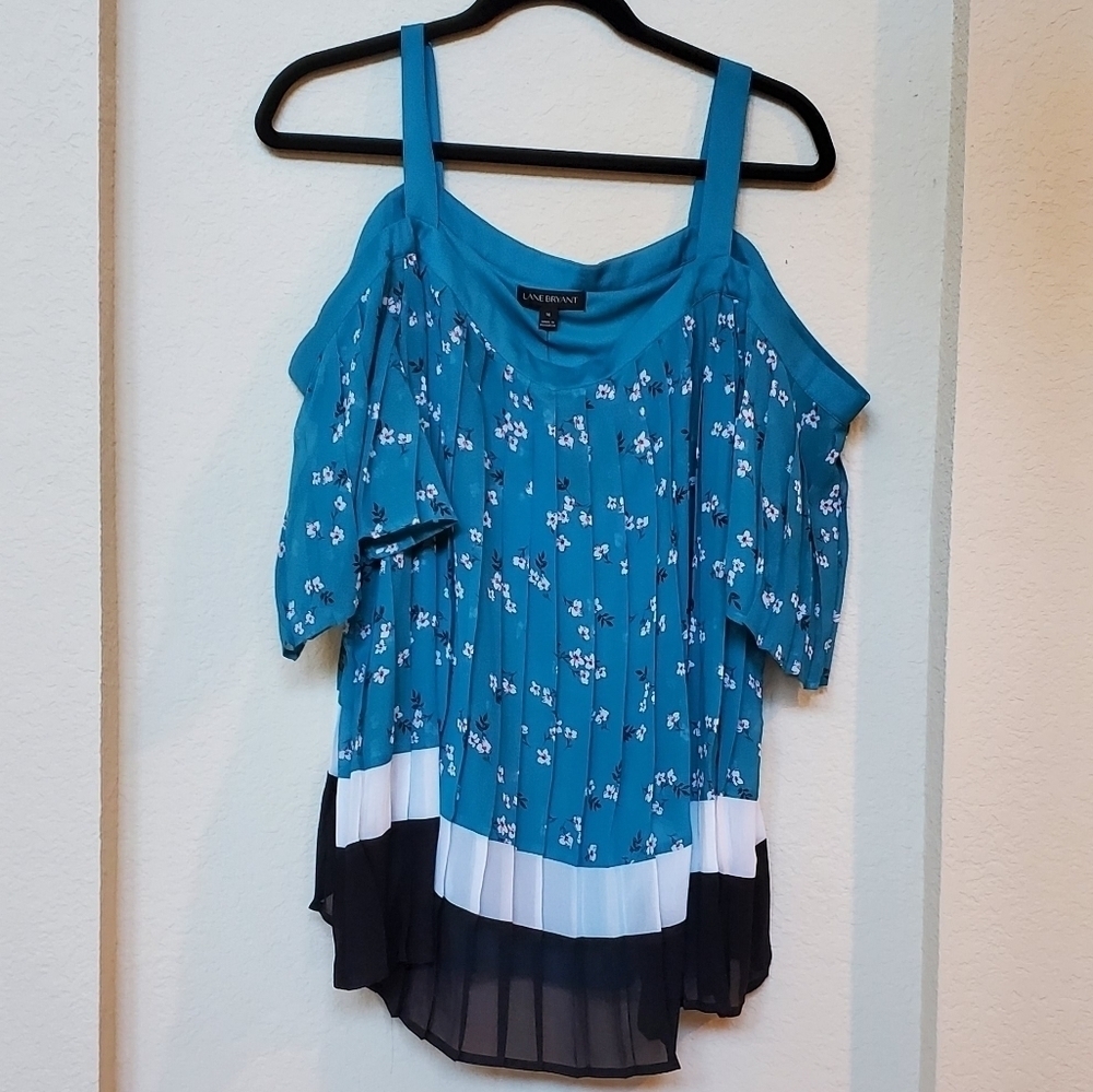 LANE BRYANT Women's Top Teal Blue Pleated Cold Shoulder Sleeves Size 16